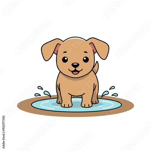 Cute brown puppy standing in shallow water puddle with splashes around concept of playful pet and carefree childhood mood