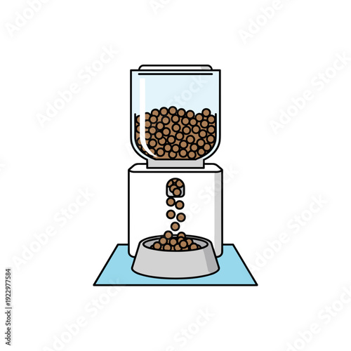 Automatic pet feeder dispensing dry kibble into bowl on kitchen floor concept of smart home technology and animal care