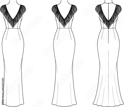 Fringe detail evening gown, fashion flat sketch dress, V-neck slim fit, technical drawing, vector illustration, fashion CAD, garment design