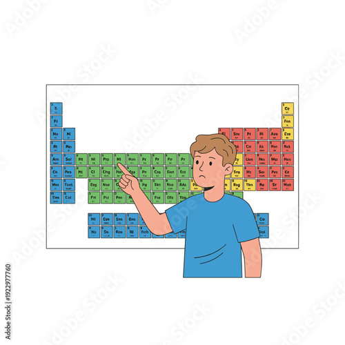 Young student pointing at colorful periodic table in classroom concept of chemistry education and scientific learning