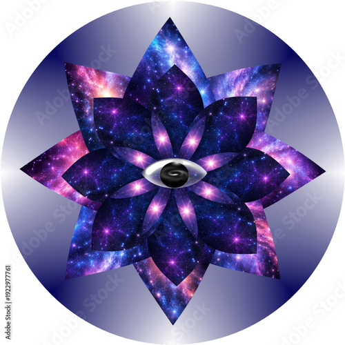 A fantasy flower composition with a galaxy texture and a central eye symbol. The image conveys the idea of ​​inner vision, intuition, and cosmic consciousness.