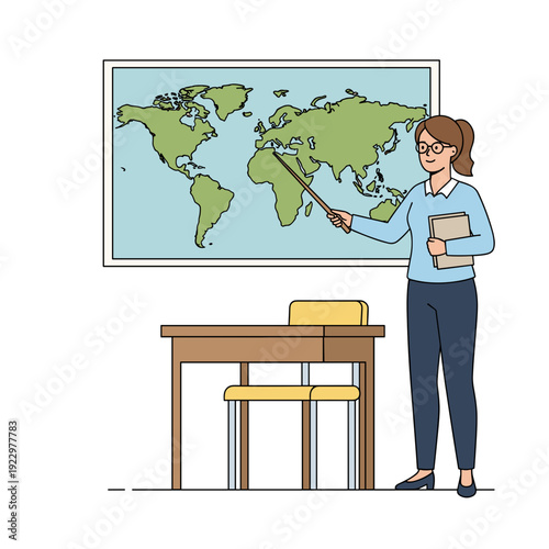 Female teacher pointing at world map in classroom while holding notebook concept of geography education and global awareness