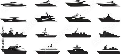 A comprehensive digital design collection showcasing diverse watercraft silhouettes, from sleek luxury yachts to powerful naval vessels, perfect for maritime themes and iconography