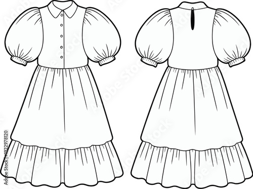 Front and back CAD fashion sketch of tiered puff sleeve midi dress with collar, button-up bodice, elegant vector illustration