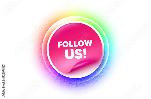 Follow us sticker rainbow gradient. Paper offer price tag. Follow us tag. Special offer sign. Super offer symbol. Sticker label. Grain dots effect. Vector