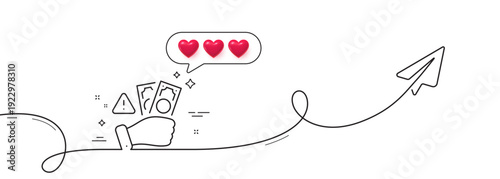 Fraud line icon. Continuous line with share plane. Money bribe crime sign. Cash scam symbol. Hearts rate review in speech bubble. Fraud single line ribbon. Loop curve pattern. Vector