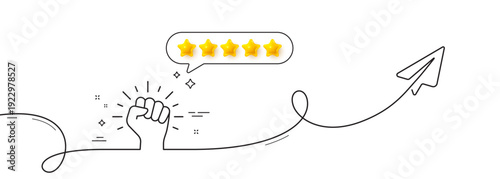 Empower line icon. Continuous line with share plane. Empowerment strength sign. Protest fist symbol. Five star rate review in speech bubble. Empower single line ribbon. Loop curve pattern. Vector