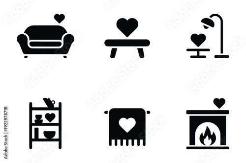 Cozy Home Icons with Hearts: Sofa, Table, Lamp, Shelf, Fireplace
