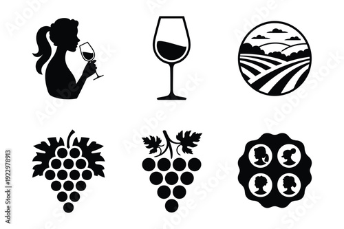 Wine Icons: Woman, Glass, Vineyard, Grapes, and Wine Festival