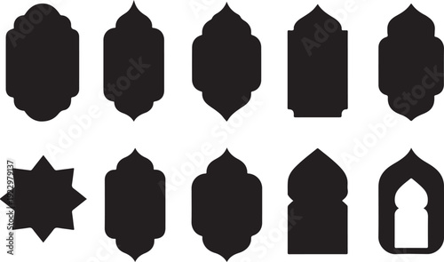 Islamic arch and window frame silhouette collection. Includes mosque, mihrab, gate, and traditional Arabic architectural elements. Ramadan icons and shapes