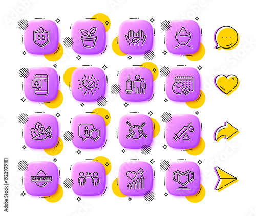 Mental health, Social distancing and World vaccination line icons. App 3d buttons. Social media comment, share, like icons. Pack of Heart beat, Leaves, Ph neutral icon. Vector