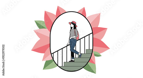 Woman Descending Stairs Inside Floral Frame | Lifestyle Vector Illustration