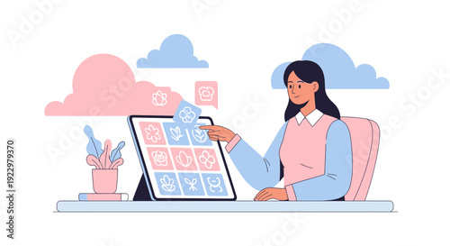 Woman Designing Floral Graphics on Tablet, Creative Digital Art Concept