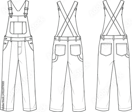Front and back flat sketch of denim overalls with pocket and strap detail, technical apparel cad drawing flat vector illustration