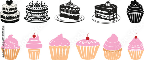 Vector set of black silhouettes featuring assorted slices of cake whole cakes and cupcakes with decorative frosting swirls.Collection of sweet desserts with whole cakes and individual slices. 
