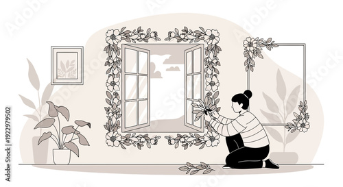 Woman Decorating Window Frame with Flowers, Cozy Home Interior, Botanical Art