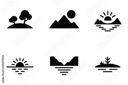 Landscape Icons: Hills, Mountains, Water, and Sunsets