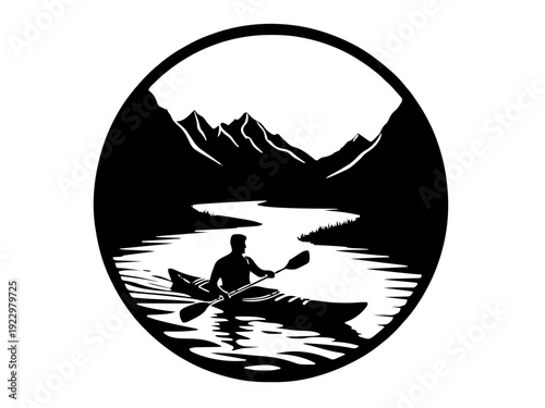 Kajak- oder Paddelboot-Szene eingebettet in eine runde Landschaftskomposition. Outdoor-Motiv mit natürlicher Dynamik.KI Generiert