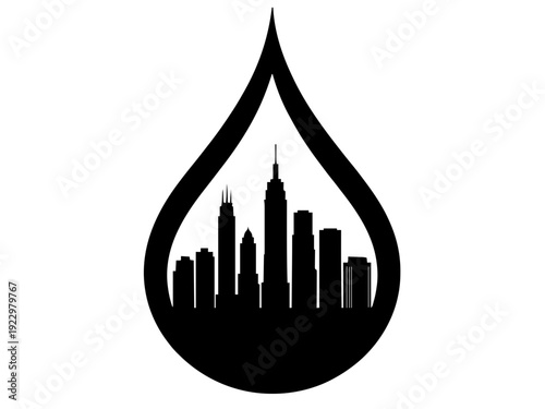 Eine moderne Skyline, eingebettet in eine große Tropfenform. Urbanes Design mit symbolischer Tiefe (Nachhaltigkeit, Herkunft, Identität).KI Generiert