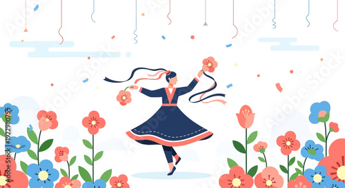 Woman Dancing with Flowers in Floral Celebration