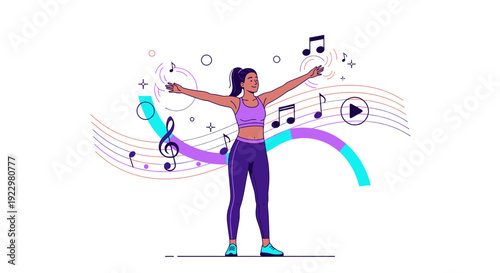 Woman Dancing with Musical Notes and Sound Waves Illustration