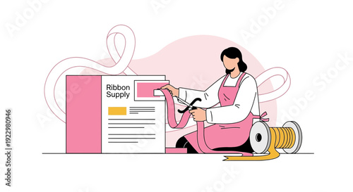 Woman Cutting Ribbon for Gift Packaging and Crafting