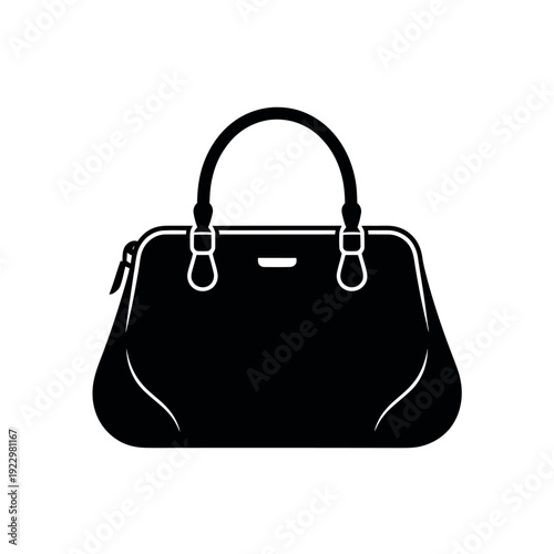 Classic black leather handbag with structured top handles stands in isolation against white.
