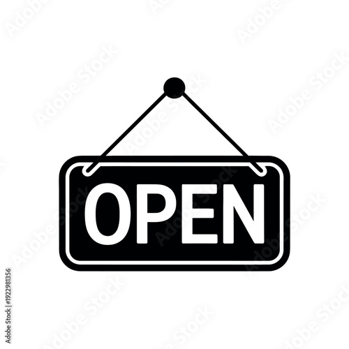 Black and white hanging sign clearly indicates a business is open for customers.