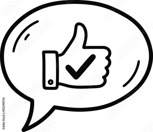 Thumbs up hand gesture with check mark in speech bubble