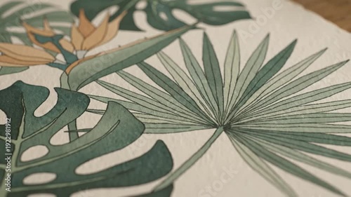 Tropical leaves and flowers illustration on a surface viewed from above with detailed botanical artwork