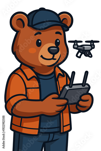 Cute bear character operating a drone in a playful outdoor setting with a vibrant personality and friendly demeanor