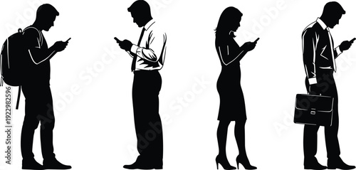 People silhouettes using smartphones social media communication concept black vector illustration isolated on white background modern technology lifestyle