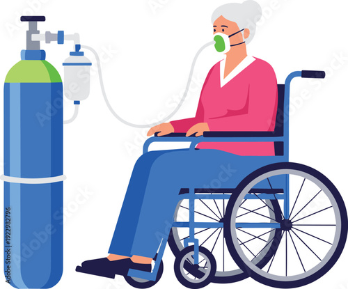 Elderly woman in wheelchair using oxygen cylinder respiratory therapy healthcare concept flat vector illustration isolated on white background