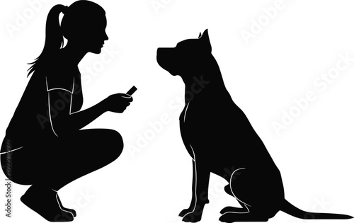Silhouette of woman training dog with treat obedience concept black vector illustration isolated on white background pet relationship