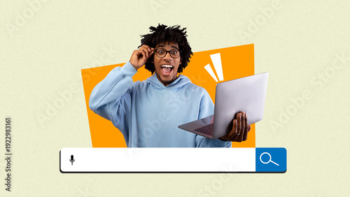 A young person is smiling and holding a laptop while looking surprised. They are using a search bar to find information. Bright colors surround the scene. This shows engagement with technology.