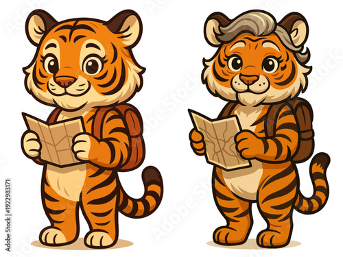 Two cheerful cartoon tigers getting ready for snowboarding in winter attire with snowboards in hand