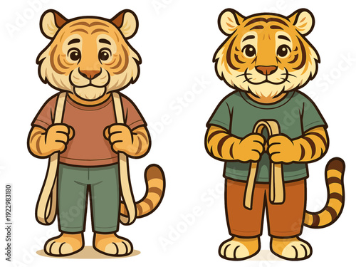 Two cute cartoon tiger characters dressed in casual clothing with backpacks, ready for an adventure outdoors
