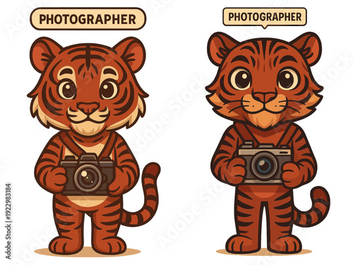 Two cartoon tigers holding cameras and posing as photographers in a cheerful style