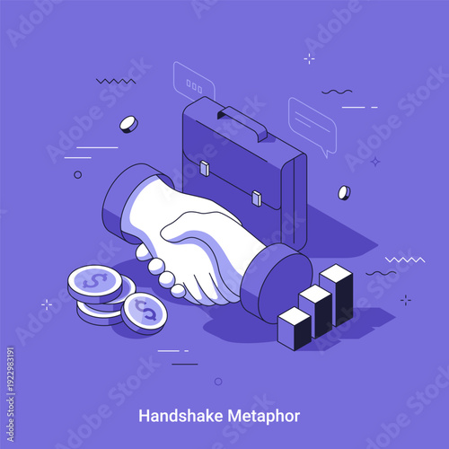 Business handshake metaphor with briefcase, coin, and bar chart for successful partnership, deal, and agreement. Isometric linear vector illustration