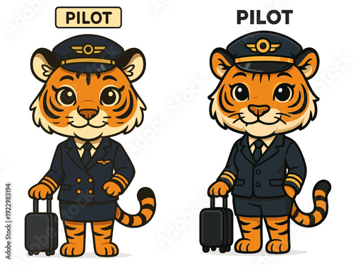 Two cartoon tigers dressed as pilots carry suitcases, showcasing their playful attire in a cheerful setting