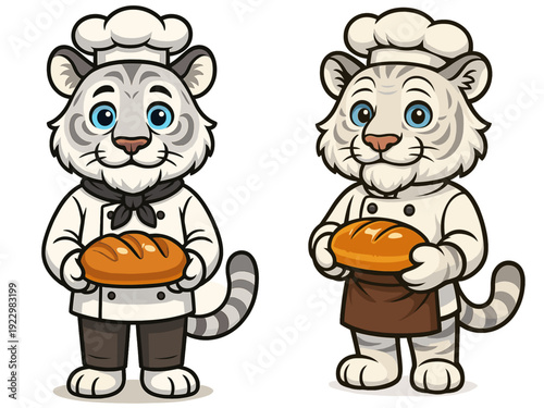 Two cartoon tiger chefs proudly holding fresh-baked bread in a playful, cozy kitchen environment