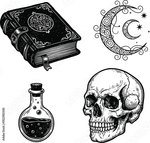 Occult Mystic Icons Set – Magic Book Moon Skull and Potion Bottle Vintage Illustration