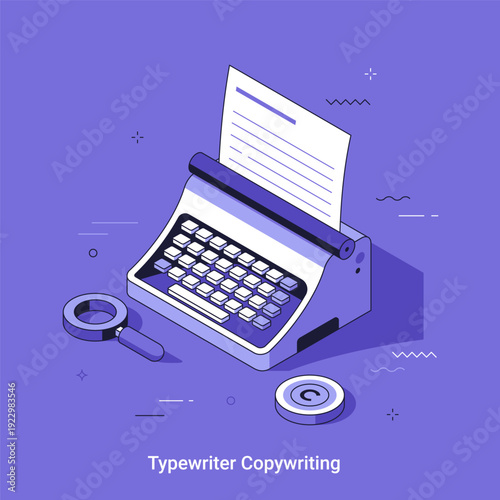 Isometric typewriter with magnifier and copyright symbol. Creative writing and content creation concept. Digital vector illustration.