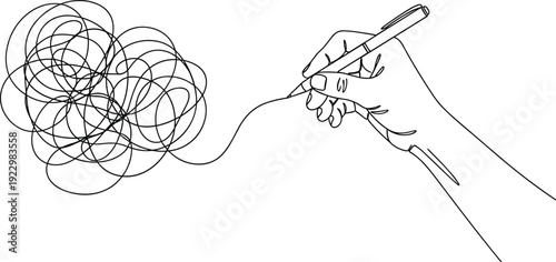 Continuous line drawing of hand untangling messy scribble into straight line concept mental clarity problem solving minimalist vector illustration