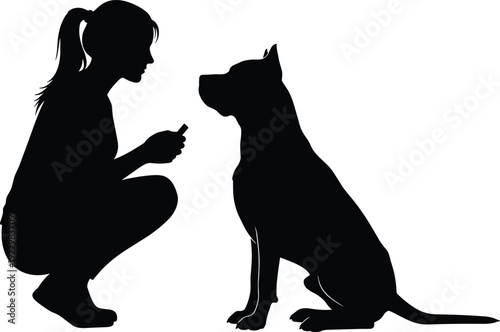 Silhouette of woman training dog with treat obedience concept black vector illustration isolated on white background pet owner relationship