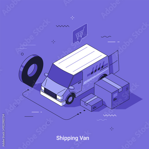Isometric vector illustration with shipping van delivery service with location pin and boxes. Online order and logistics distribution concept for web banner.