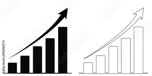 Bar chart with upward trending arrow icon set, solid and outline style