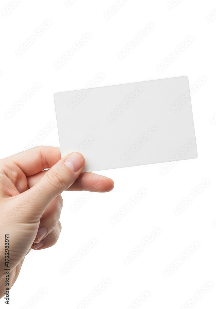 Obraz premium Hand holding a blank white business card isolated on transparent background