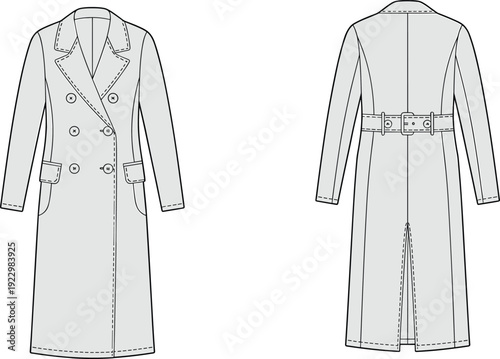 Front and back view of stitched belted double breasted long coat technical fashion illustration vector outline template for apparel production design
