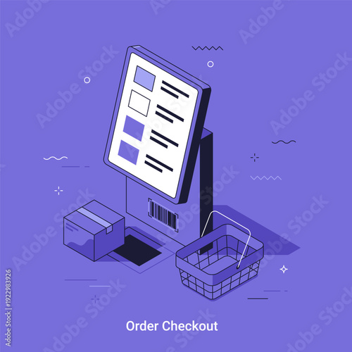 Thin line isometric vector illustration. Order checkout with monitor, barcode scanner and shopping basket. Online shopping and e-commerce concept for business website design.